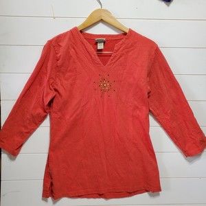 Artisans womens size L gauze 3/4 sleeve V neck blouse beaded star burnt orange